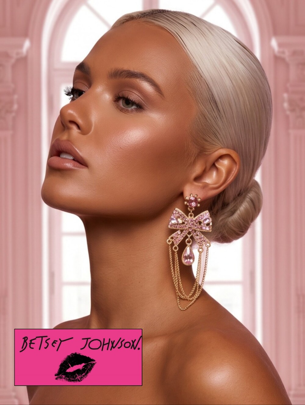Vintage Signed Betsey Johnson Pink AB Crystal Bow Tassel Gold Earrings